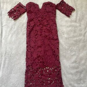Burgundy lace off shoulder midi dress